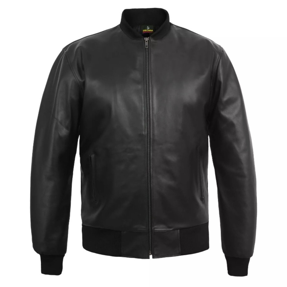 Mens Real Cowhide Leather Jacket Long Sleeves Varsity Letterman Jacket Black